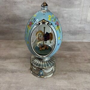 Royal Limited Carousel Waltz Musical Egg Carousel Horse Blue Floral Silver Base